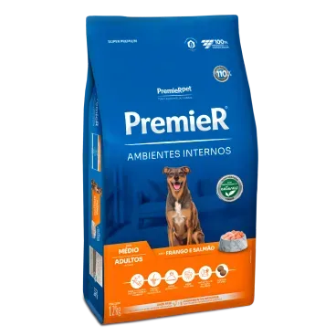 Racao Premier Ambientes Internos Caes Adultos Porte Medio Frango e Salmao 12kg lateral